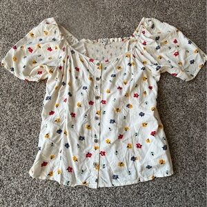 Madewell Button-Front Smocked Peasant Top – Floral Print, Size Medium Blouse